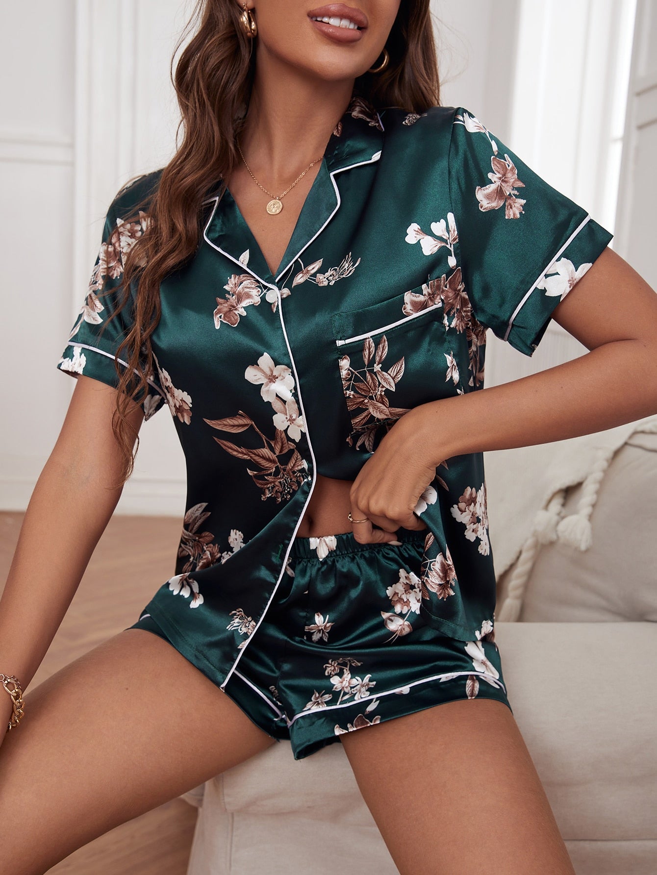 Pijama Feminino Cetim Elegante Floral