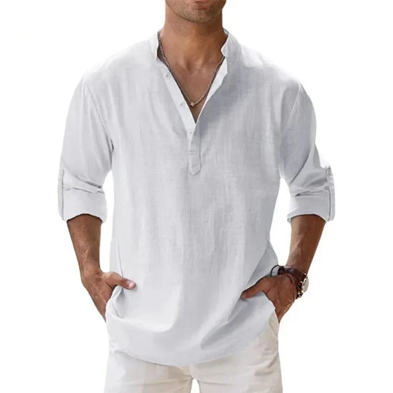 Camisa Masculina de Linho manga Comprida Estilo OldMoney