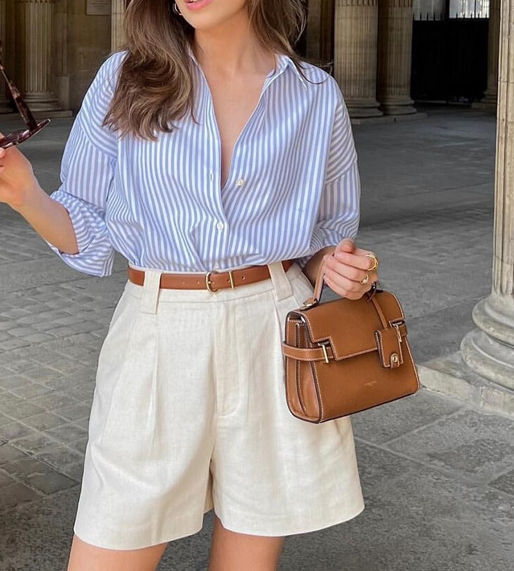 Camisa Feminina Listrada Moderna Azul e Branco Manga Longa - Ocean