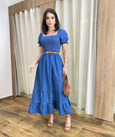 Vestido Midi Jeans Manga Bufante sem Bojo com Lastex