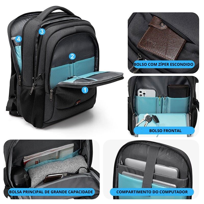 Mochila Executiva Draker - Notebook 17`, Impermeável e Porta USB